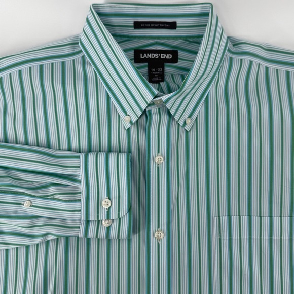 Lands' End Other - Lands' End Mens 16-33 Tailored Fit No Iron Supima Pinpoint Stripe Shirt Green
